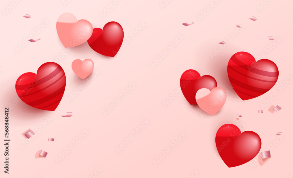 3d red hearts Valentine's day background. Cute love sale banner or greeting card.Suitable for Mother's Day and woman Day and wedding invitation..