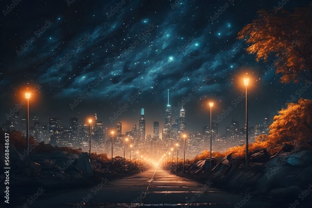 A breathtaking view of a cityscape under the stars, with a navy blue night sky and golden streetlamps