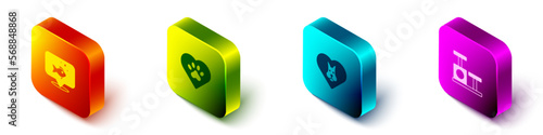 Set Isometric Fish, Heart with animals footprint, dog and Cat scratching post toy icon. Vector