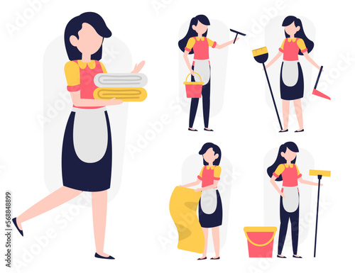 set of female maid or housekeeper in cartoon character vector