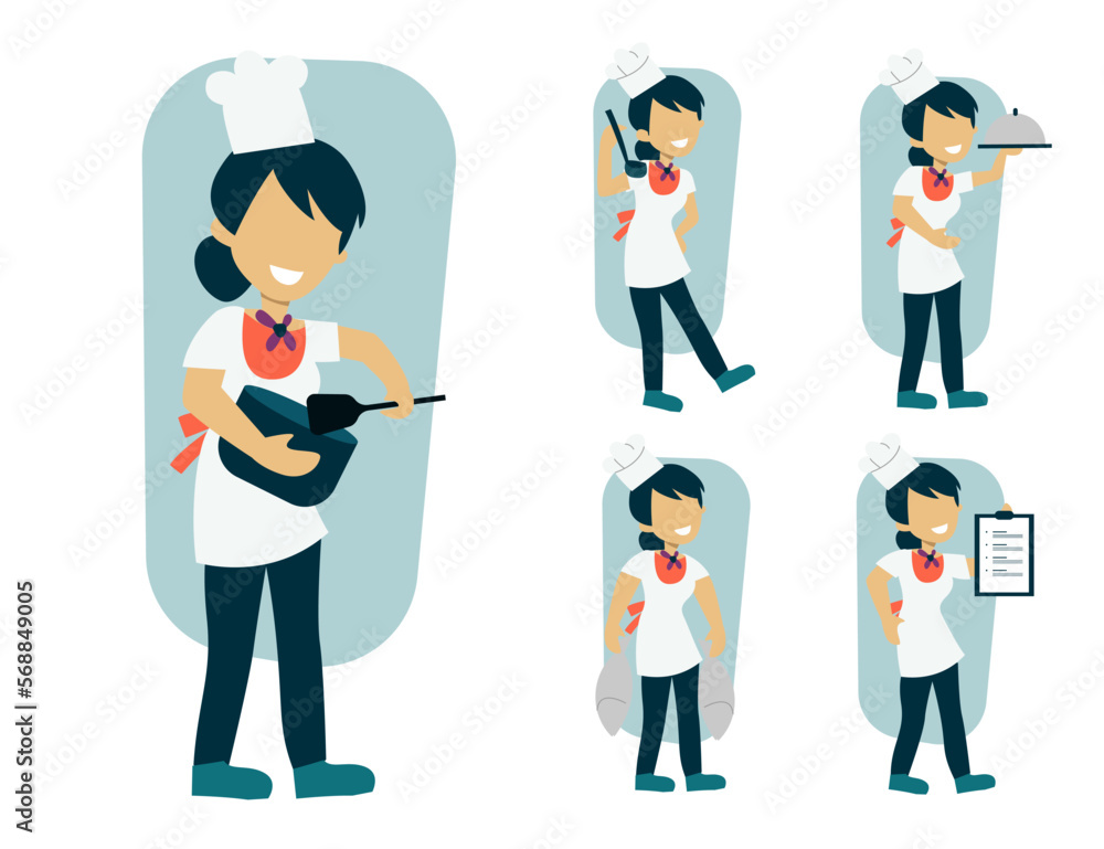 set of female chef cartoon character in different actions vector set of female chef cartoon character in different actions vector