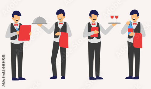 set of waiter in cartoon character different actions flat vector