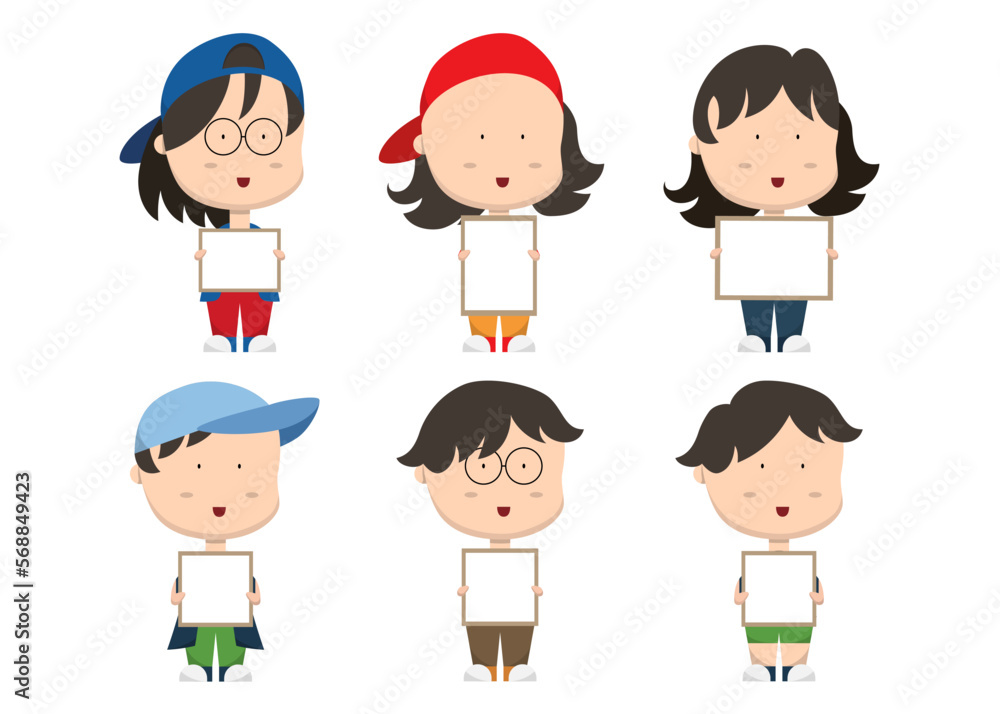 Set of people holding blank board in cartoon character flat vector Set of people holding blank board in cartoon character flat vector