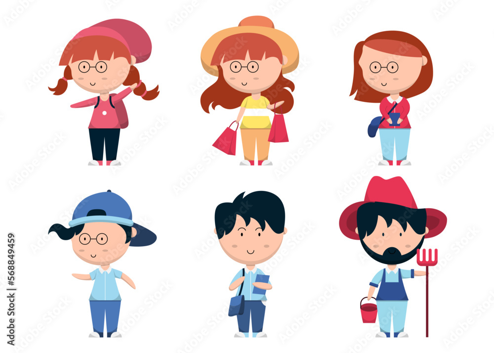 Set of people with different action in cartoon character flat vector