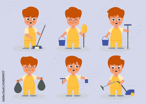 Set of male housekeeper in cartoon characters flat vector
