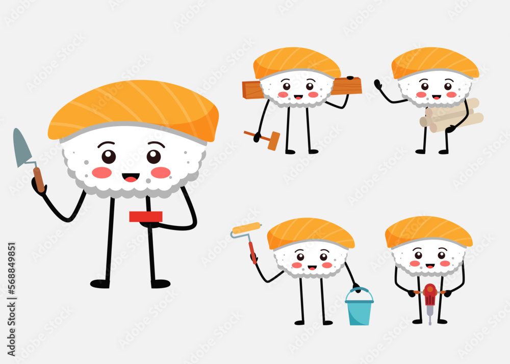 Set of sushi mascot in different acting characters flat vector Set of sushi mascot in different acting characters flat vector