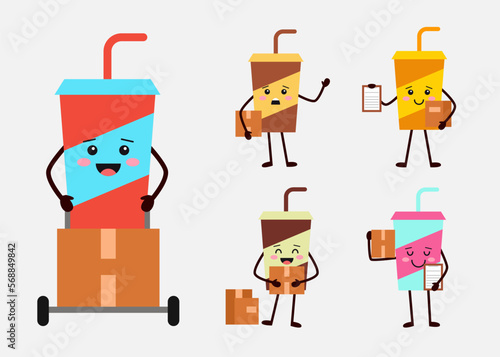 set of deliveryman coffee glass in cartoon characters flat vector