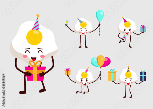 Set of fried egg with present party in cartoon character flat vector