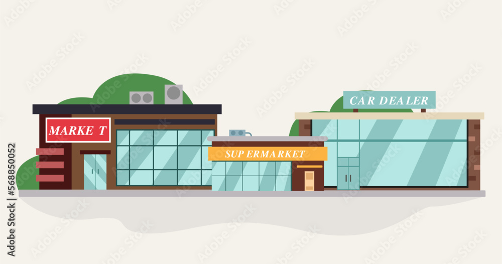 Front view Set of shop and super store flat  vector illustration