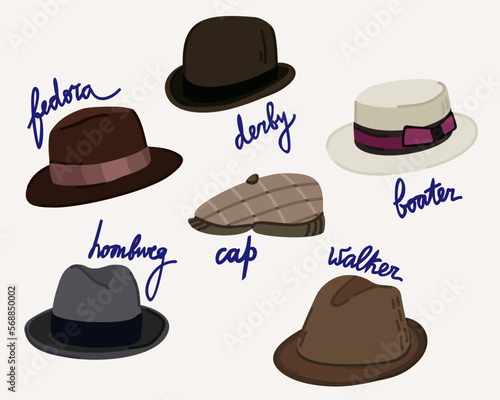 Retro man's hats. Vector collection of vintage hats of 1930-s. Fedora, derby, boater, homburg, cap, walker.