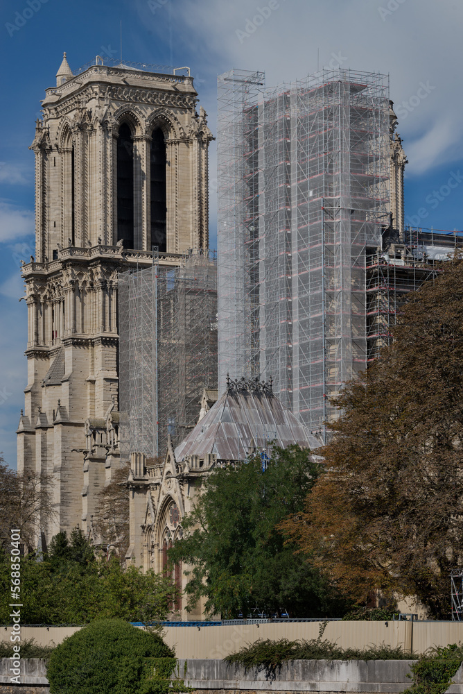 Scaffolding behind Notre-Dame's bell towers