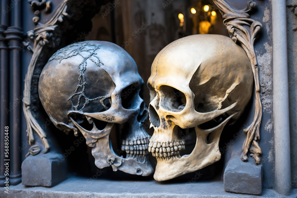 Two skulls front kissing each other, Saint Valentine day, streets of naples, created with Generative AI Two skulls front kissing each other, Saint Valentine day, streets of naples, created with Generative AI