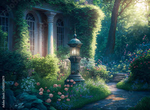 Tela English cottage garden, lantern next to path. Generative AI