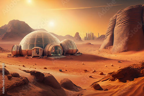 Fotografie, Tablou Futuristic human habitats in the planet Mars. Generative AI