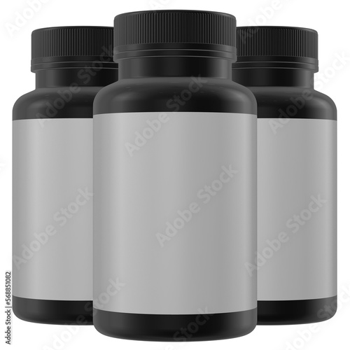 Realistic 3D black bottles rendering mockup on white background