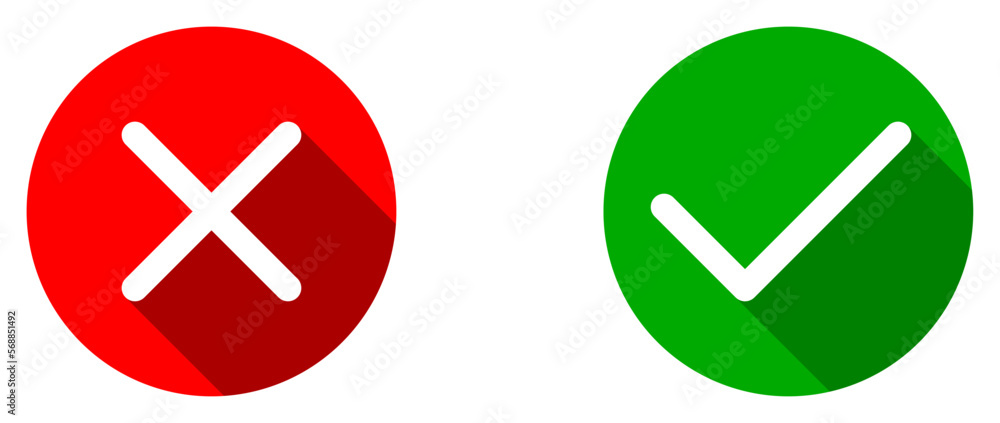 Yes and No or Right and Wrong or Approved and Declined Icons with Check Mark and X Signs with 3D Shadow Effect in Green and Red Circles. Vector Image. Yes and No or Right and Wrong or Approved and Declined Icons with Check Mark and X Signs with 3D Shadow Effect in Green and Red Circles. Vector Image.