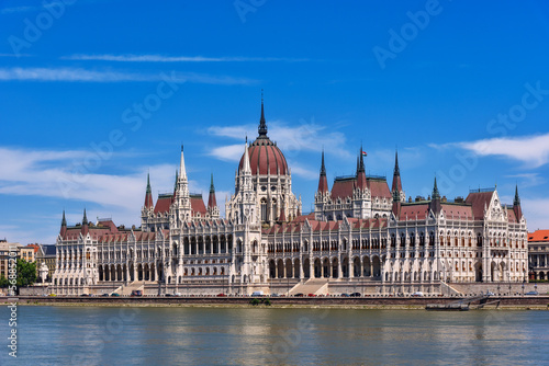 Budapest  Hungary - July 04  2022  View of Hungarian Parliament Building  Royal Palace and Danube river.