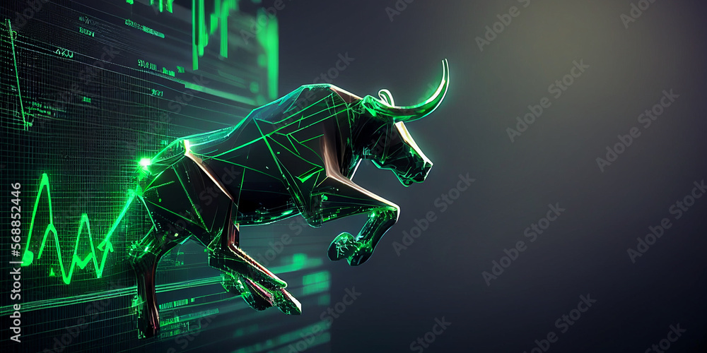 Stock market bull market trading Up trend of graph green background rising price Generative AI. - obrazy, fototapety, plakaty 