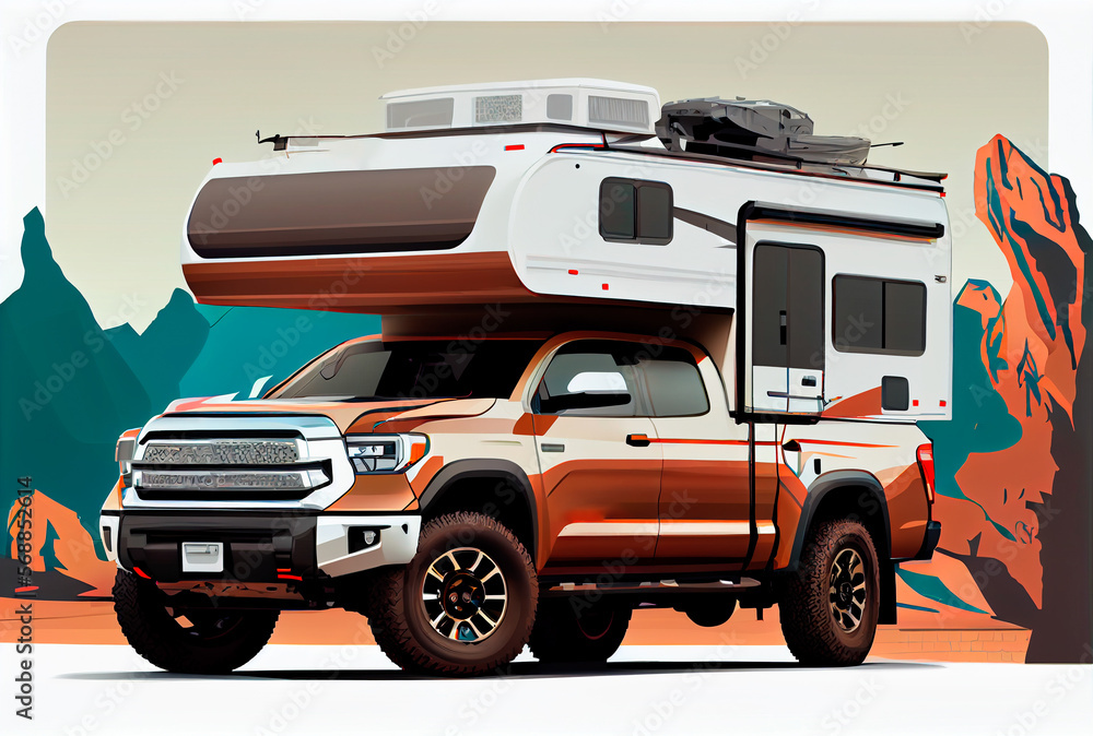 Generative AI illustration of an american overland pick up vehicle with camper cell, on white background
