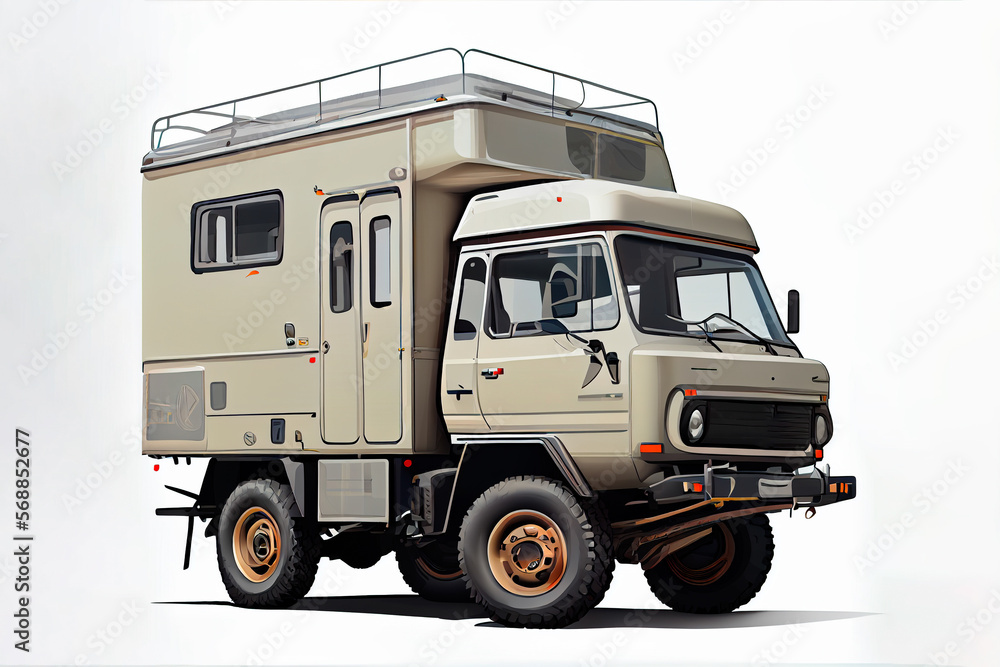 Generative AI illustration of a 1980s overland 4x4 camper truck on a white background