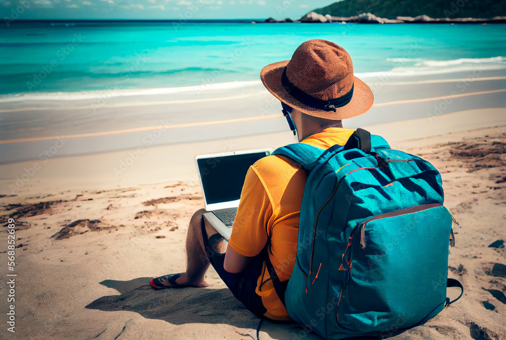 Generative AI illustration of a an unrecognizable digital nomad man, working with his laptop and backpack on the beach