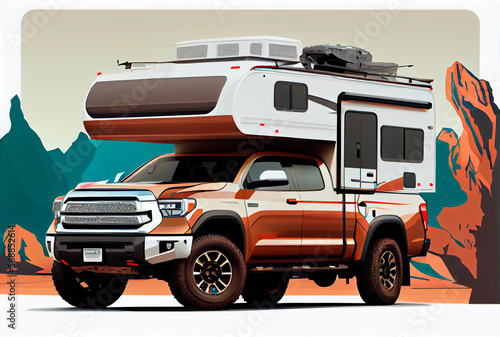 Generative AI illustration of an american overland pick up vehicle with camper cell, on white background photo
