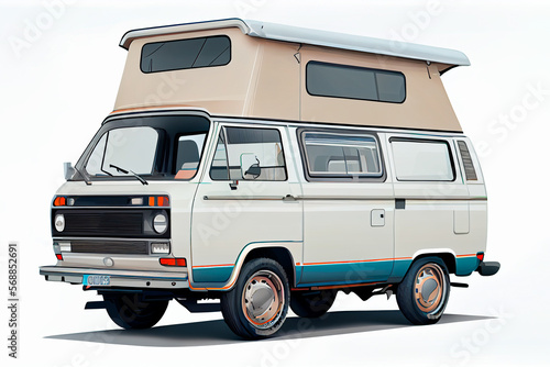 Generative AI illustration of a 1980s camper van with a pop-up roof on a white background