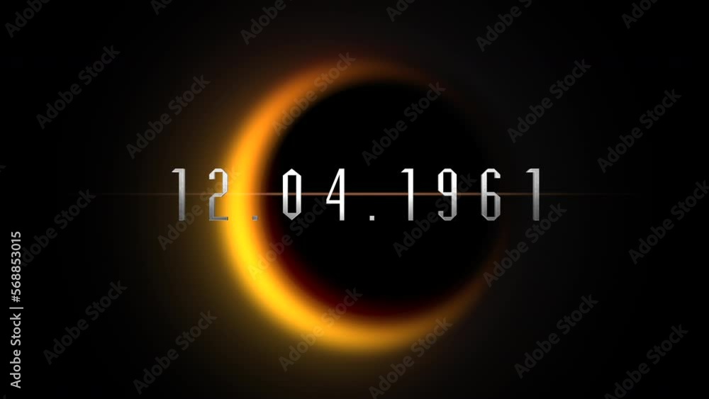 12.04.1961 with yellow light of black planet in galaxy, motion abstract futuristic, cosmos and sci-fi style background 12.04.1961 with yellow light of black planet in galaxy, motion abstract futuristic, cosmos and sci-fi style background