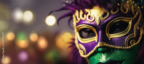 Mardi Gras party background with woman in golden glittery mask, feathers on bokeh background. digital ai art