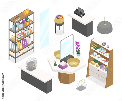 Beauty shop - modern vector colorful isometric object set