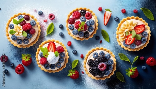 Canvastavla Berry tartlets or cake with cream cheese top view, Generative AI