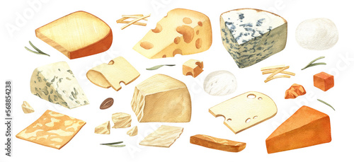 Cuadro en lienzo Watercolor different kinds cheeses with cutted pieces, milk dairy product
