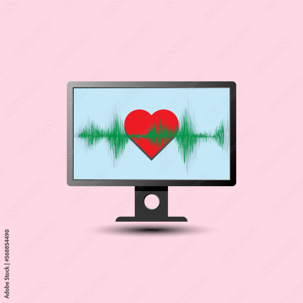 Vector heart beat wave and heart icon on the computer monitor pink background Vector heart beat wave and heart icon on the computer monitor pink background