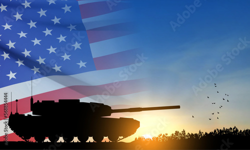 Silhouette of main battle tank on a battlefield against sunset with USA flag. EPS10 vector