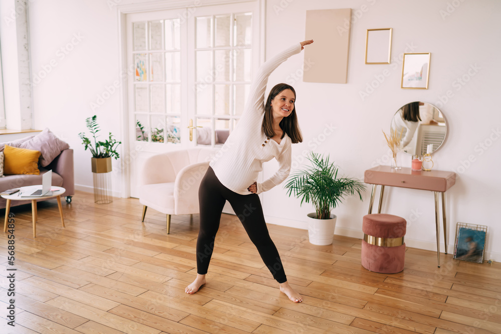 Happy childbearing woman doing workout in living room Happy childbearing woman doing workout in living room