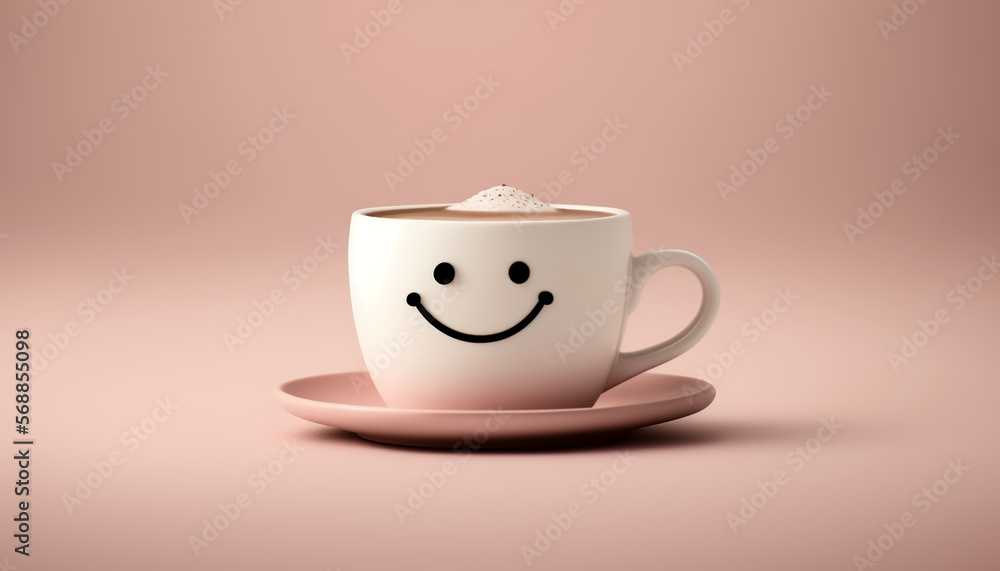 Coffee latte in a white cup minimalism smile pink background.Generative AI Coffee latte in a white cup minimalism smile pink background.Generative AI