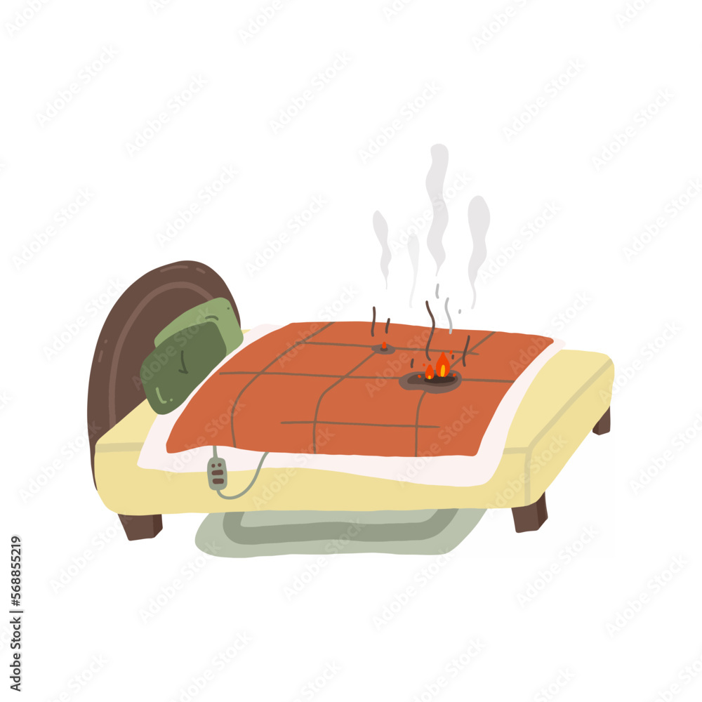 Lowquality dangerous warming blanket. Electric blanket fire on bed