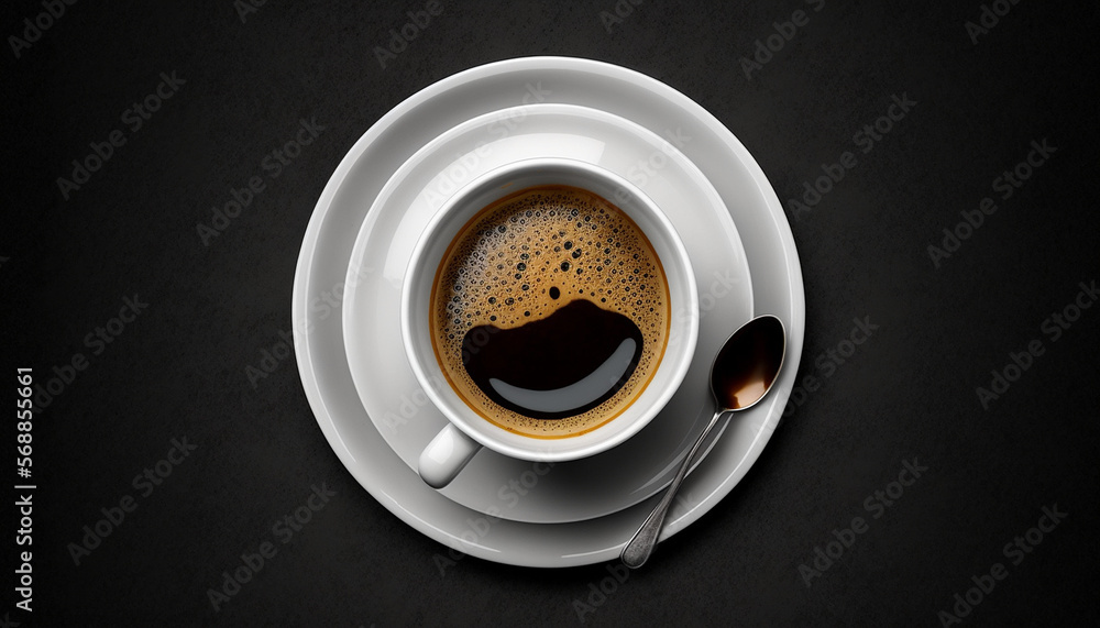 Espresso coffee in a white cup with white saucer and a spoon. Black background. Wallpaper created with Generative Ai Espresso coffee in a white cup with white saucer and a spoon. Black background. Wallpaper created with Generative Ai
