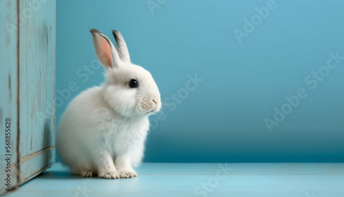 Adorable White Bunny on On Blue Background