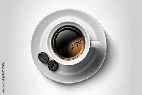 Espresso coffee in a white cup with white saucer and beans. White background. Wallpaper created with Generative Ai