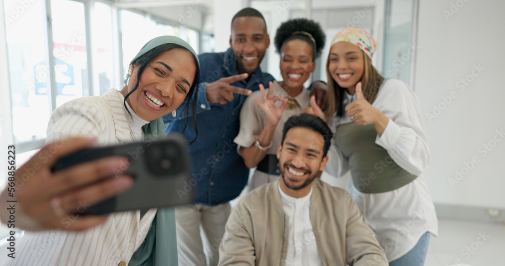 Selfie, office and group of people portrait for social media post, online networking update and happy diversity. Workplace culture, smile and thumbs up or peace sign of employees in profile picture