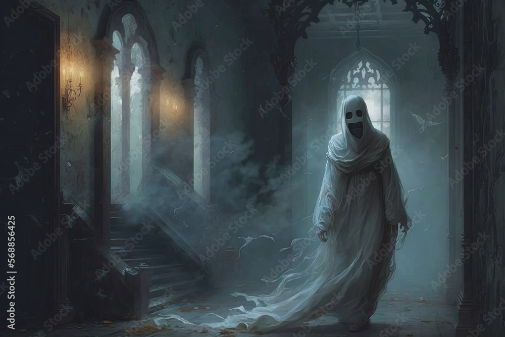 A ghost with a spectral form and a haunting expression, wandering through a haunted castle in search of a lost soul.Digital art painting,Fantasy art,Wallpaper. Generative ai.	