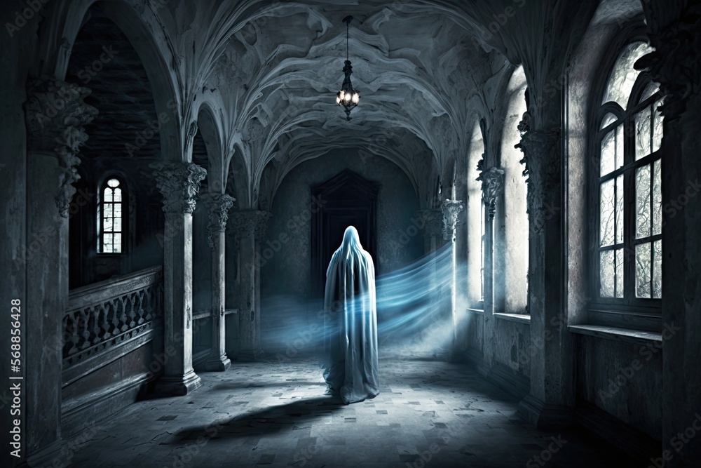 A ghost with a spectral form and a haunting expression, wandering through a haunted castle in search of a lost soul.Digital art painting,Fantasy art,Wallpaper. Generative ai. A ghost with a spectral form and a haunting expression, wandering through a haunted castle in search of a lost soul.Digital art painting,Fantasy art,Wallpaper. Generative ai.
