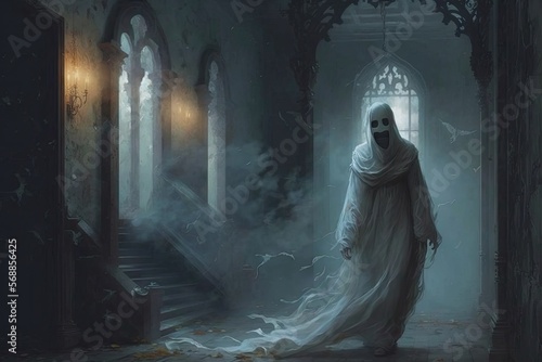A ghost with a spectral form and a haunting expression, wandering through a haunted castle in search of a lost soul.Digital art painting,Fantasy art,Wallpaper. Generative ai. 