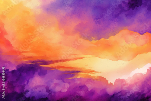 Beautiful hues of yellow gold pink and purple watercolor background sunset sky. Generative ai.