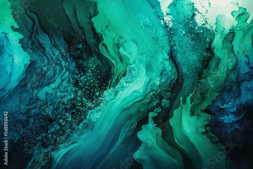 Abstract art teal blue green gradient paint background with liquid fluid grunge texture. Generative AI.
