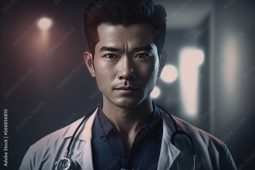 Portrait of handsome smart Asian doctor in white medical coat in office hospital, ai generated Portrait of handsome smart Asian doctor in white medical coat in office hospital, ai generated