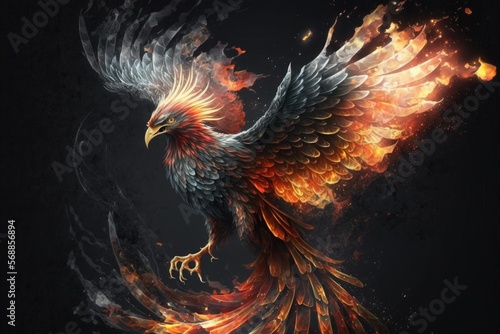 A phoenix with radiant feathers and a fierce expression, rising from the ashes of its own death in a burst of flame.Digital art painting, Fantasy.art, Wallpaper. Generative ai.  © FantasyArtStation