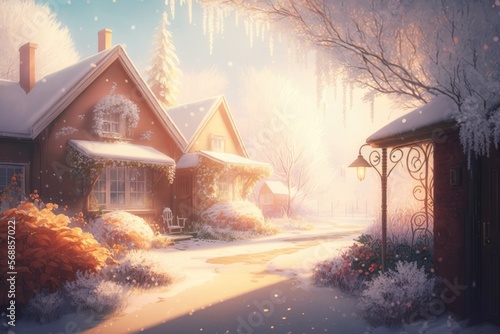 The pink cute small house countryside village in with snow, roofs are covered with snow, winter wonderland, generative ai