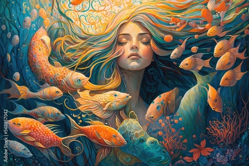 Foto A mermaid with a serene expression and flowing hair, swimming gracefully through a coral reef surrounded by colorful fish